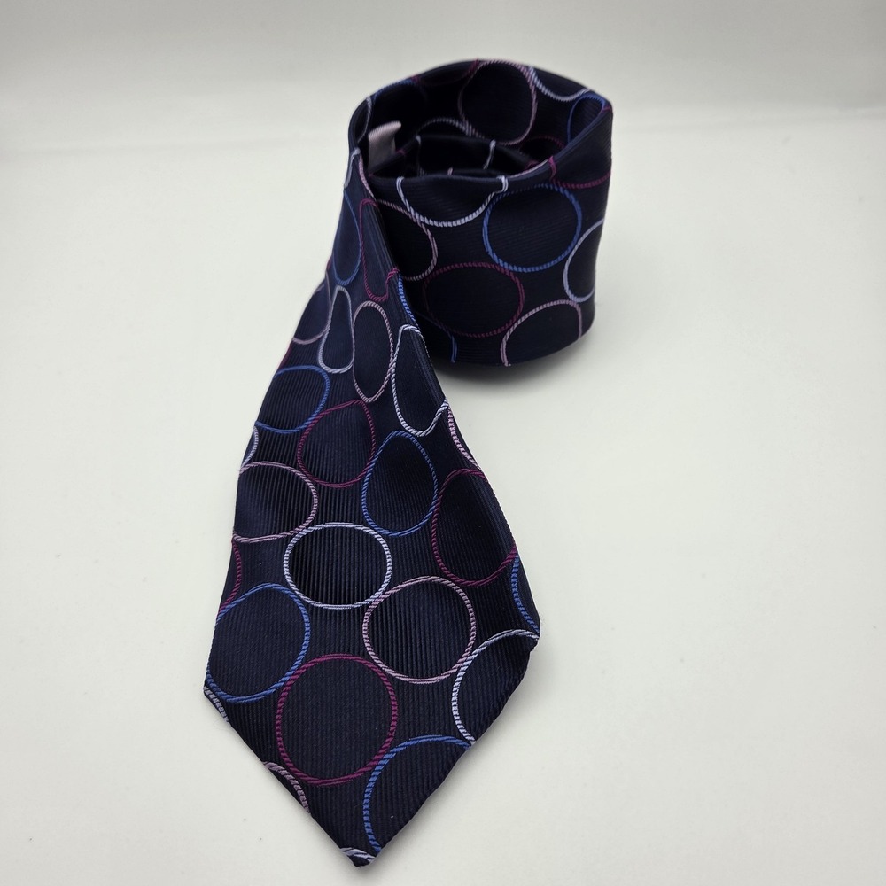 Altea Milano Mens Tie Navy Multi Geometric Circles Hand Made In Italy 100% Silk